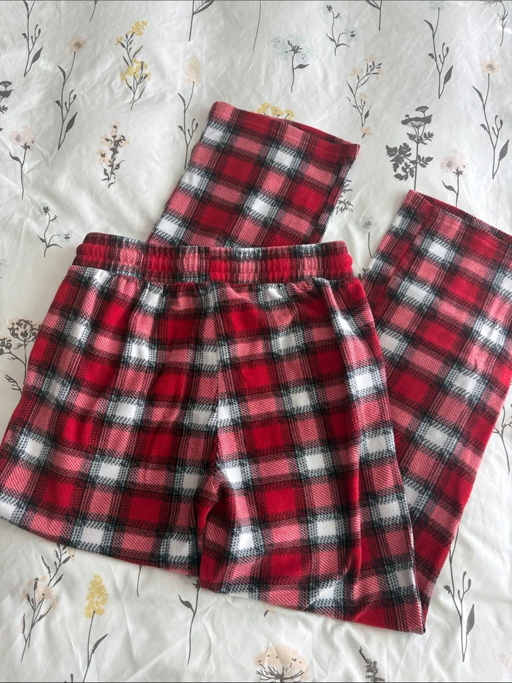 Peanuts Red Black White Plaid Fleece Pajama Bottoms with Snoopy Embroidery